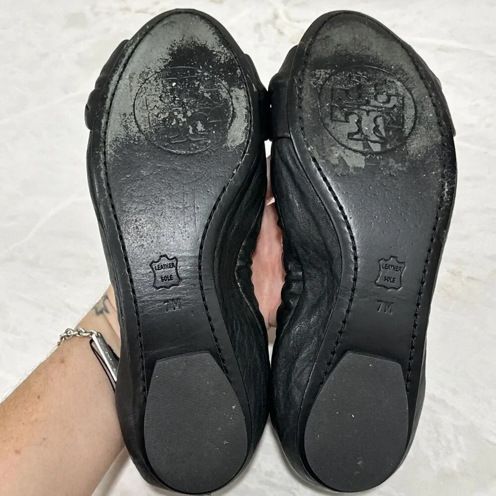 TORY BURCH KATIE BLACK LEATHER GOLD GLITTER TOES BALLET FLATS,Size 7 M EUC